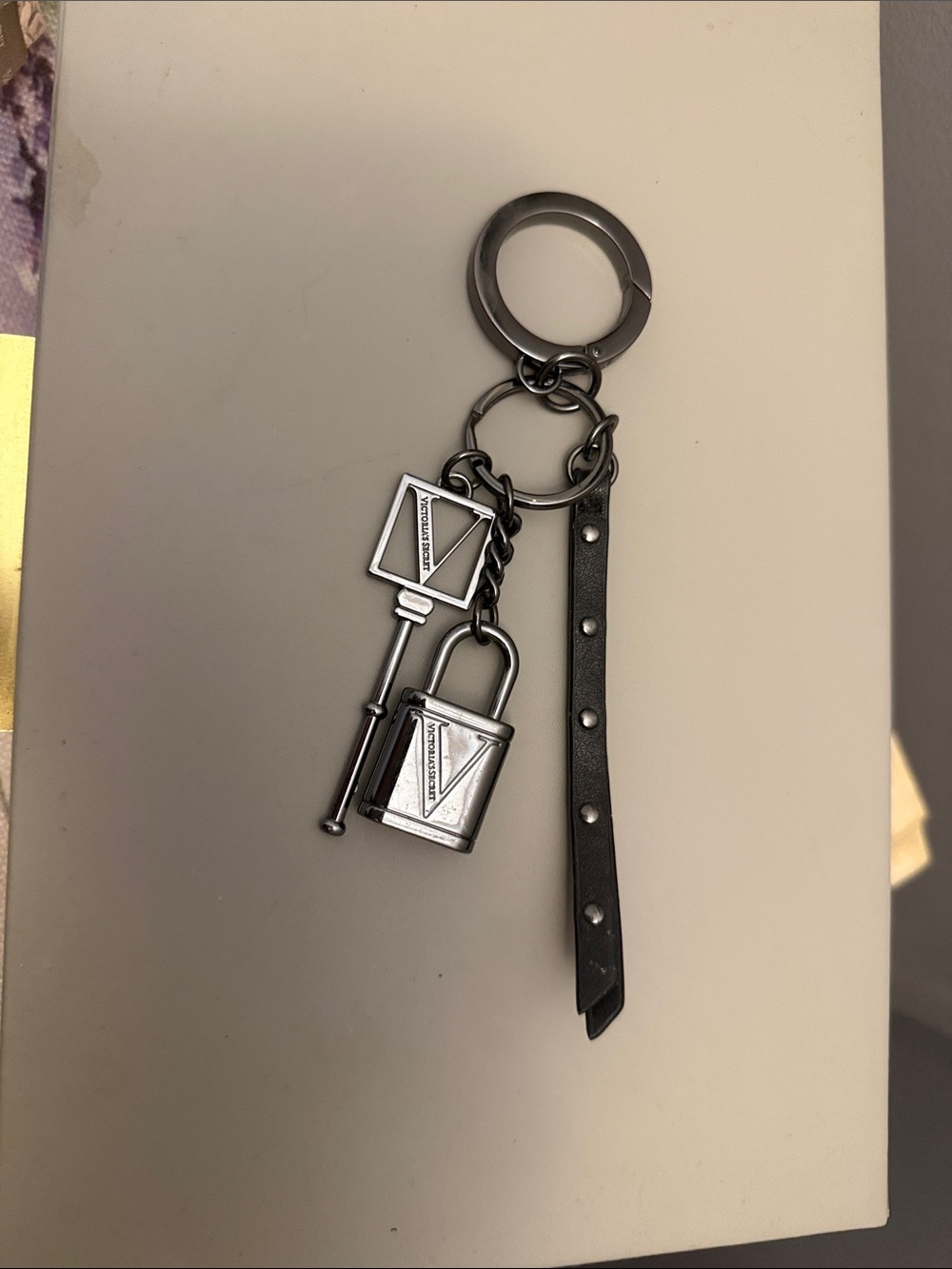 Victoria’s Secret Black Leather & Gunmetal Keychain with Lock and Key Charms